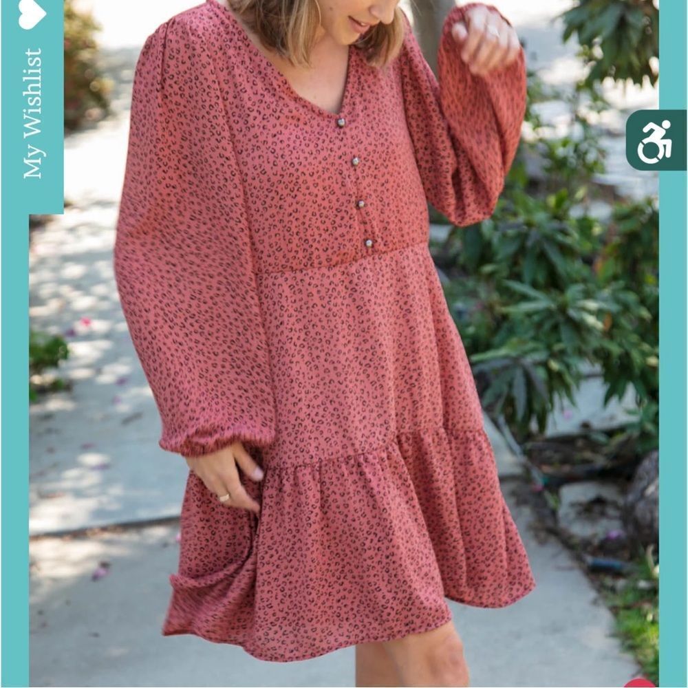 Sugarfox‎ Rust Red Leopard Print Tiered Babydoll Dress V-Neck Long Sleeve 1XL